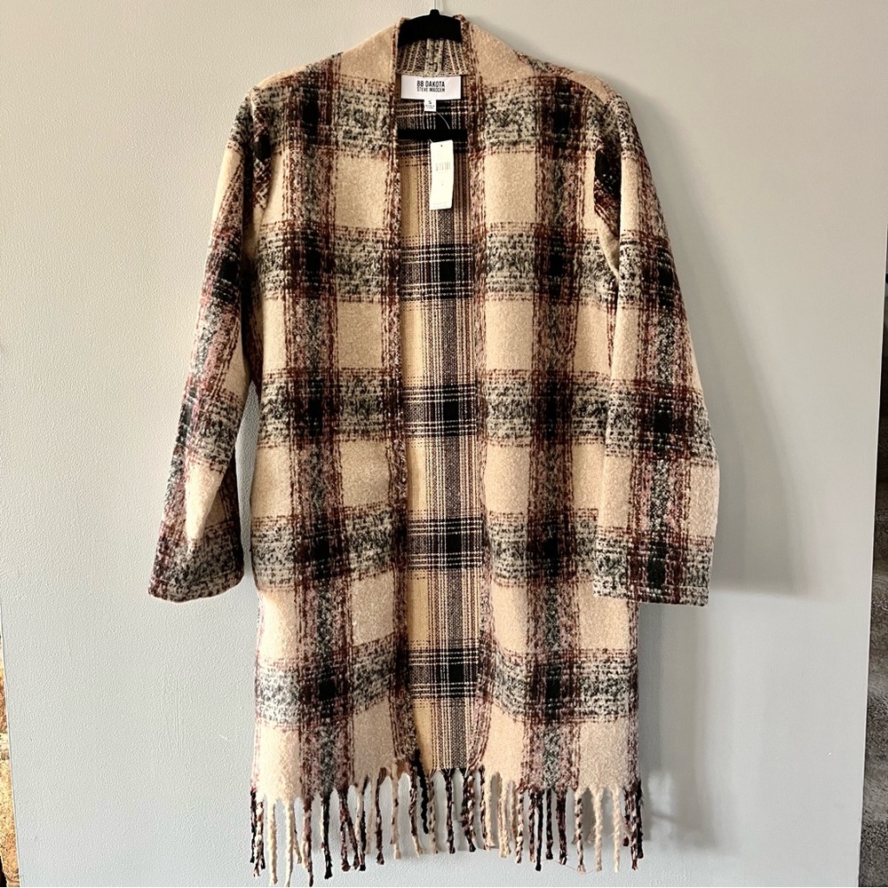BB Dakota Plaid Fringe Open Cardigan